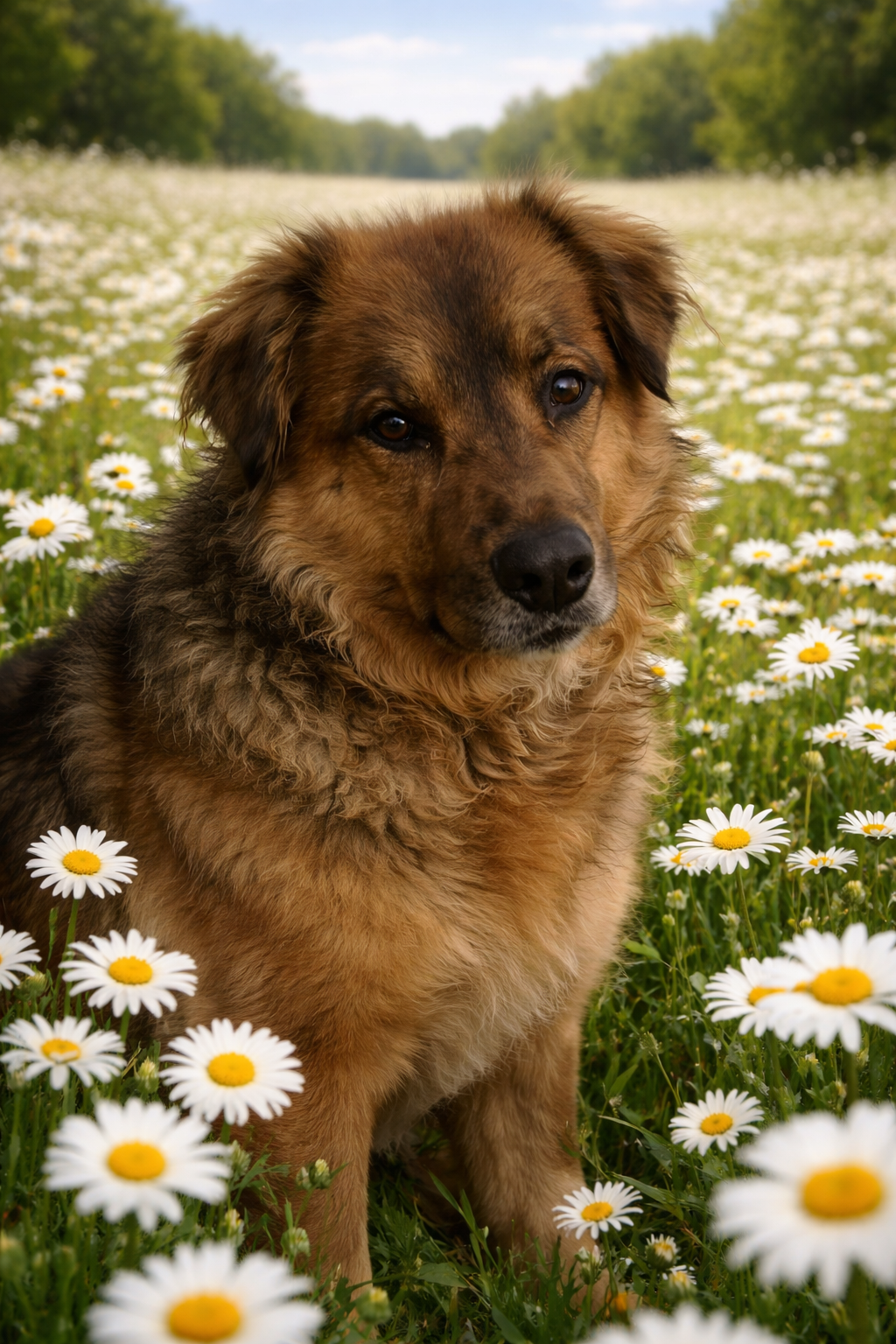 Dog in a field of daisies